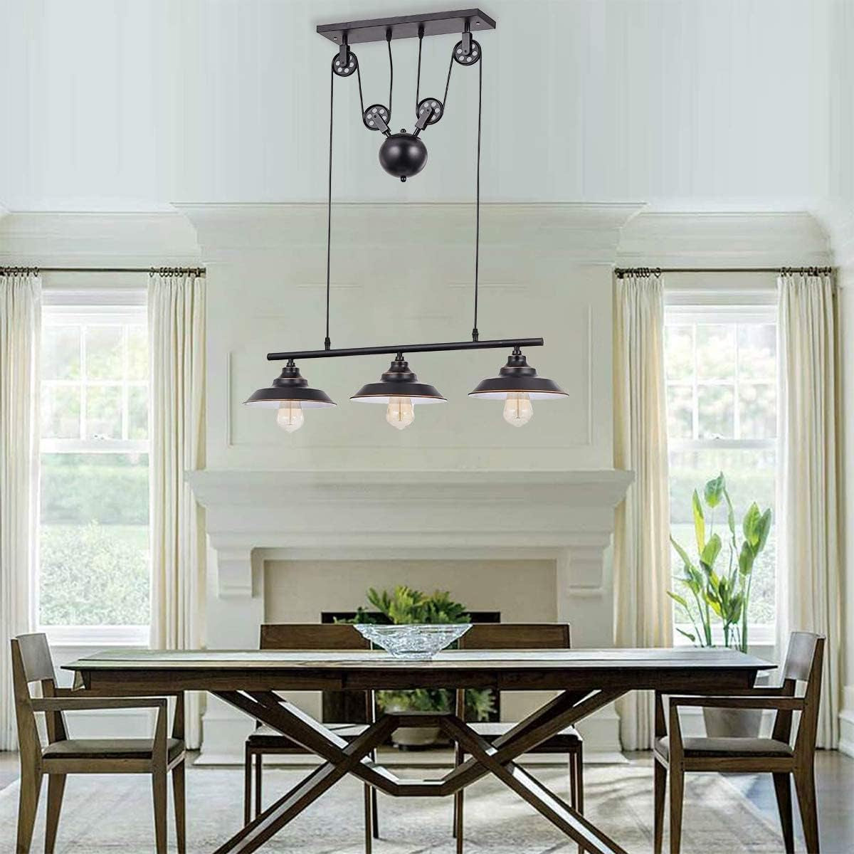 3-Light Pulley Pendant Light,Rustic Kitchen Island Lights with Metal Shades,Adjustable Hanging Height,Industrial Vintage Ceiling Lights Fixture for Dinner Room Farmhouse Bar