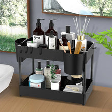 Load image into Gallery viewer, Under Sink Storage Organizer, Multi-Purpose 2-Tier Bathroom Kitchen Organizer Shelf, under Cabinet Shelves with Hooks Hanging Cups
