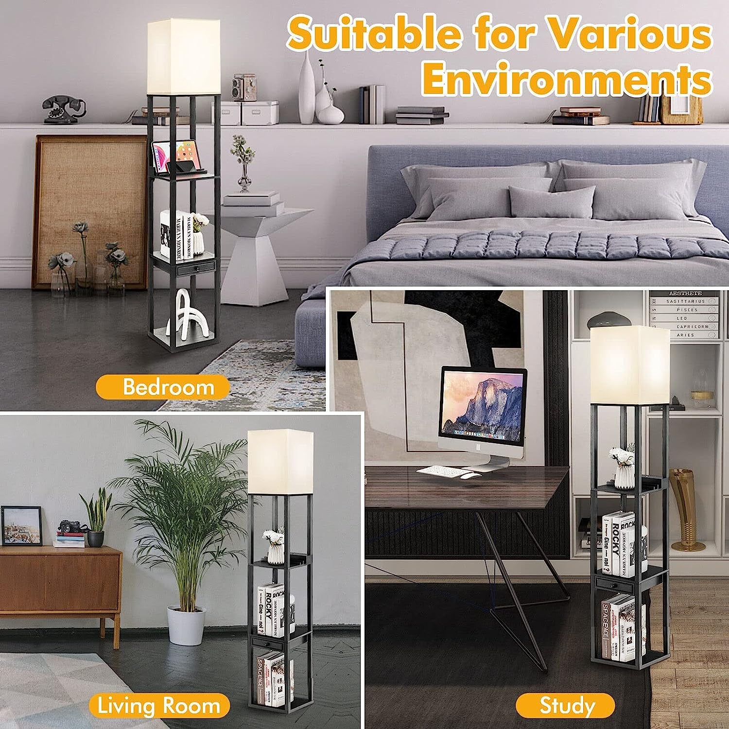 Modern Shelf Floor Lamp, Dimmable Standing Lamp Shelf W/ 1 Drawer & 1 USB Port, E27 5000K LED Bulb Included, Pull Chain Switch, 3-Level Brightness, Storage Lamp for Bedroom, Living Room