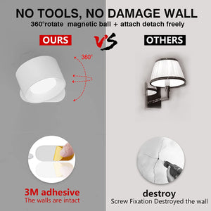 LED Wall Sconce, Wall Mounted Lamp with Rechargeable Battery Operated USB Port 3 Color Temperature & 3 Brightness Level 360°Rotate Magnetic Ball, Cordless Wall Light for Reading Bedside-White