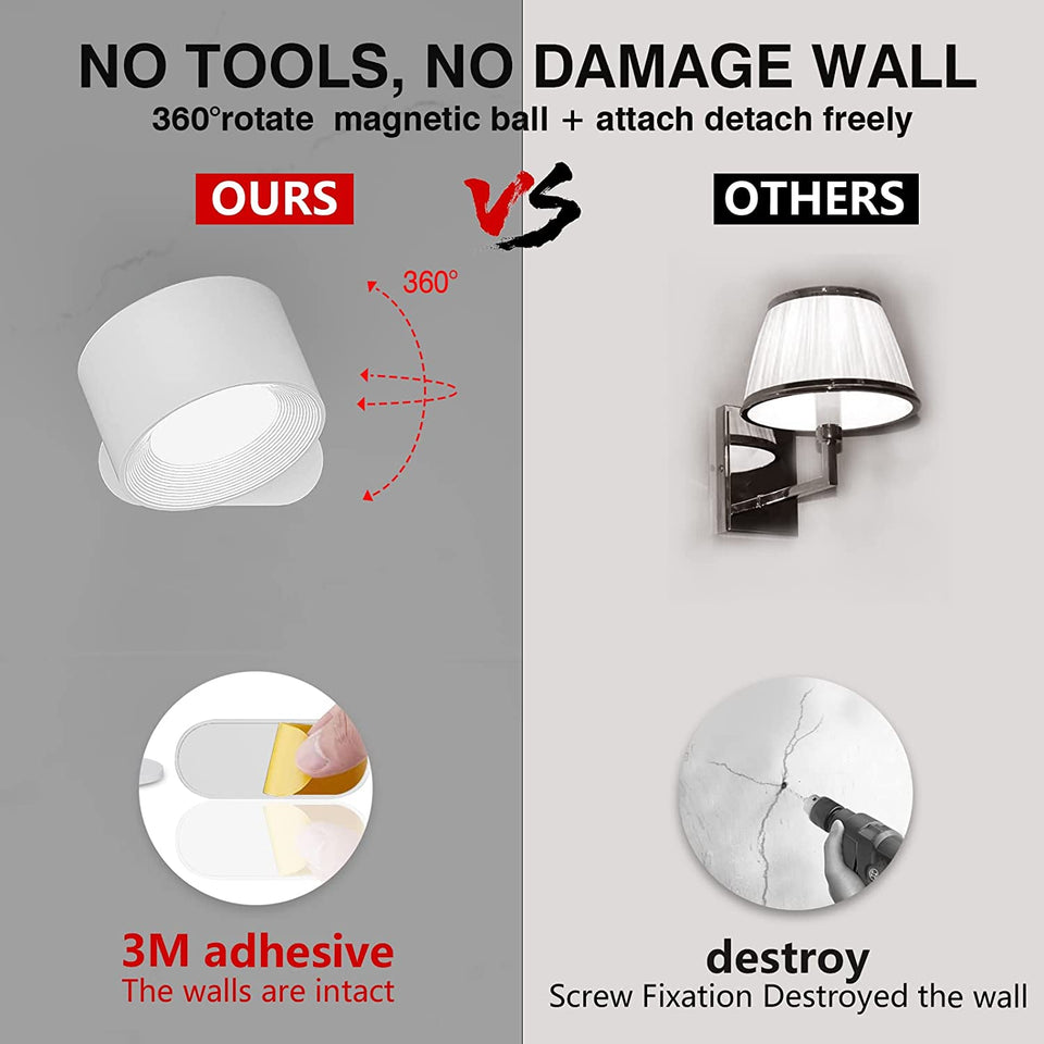 LED Wall Sconce, Wall Mounted Lamp with Rechargeable Battery Operated USB Port 3 Color Temperature & 3 Brightness Level 360°Rotate Magnetic Ball, Cordless Wall Light for Reading Bedside-White