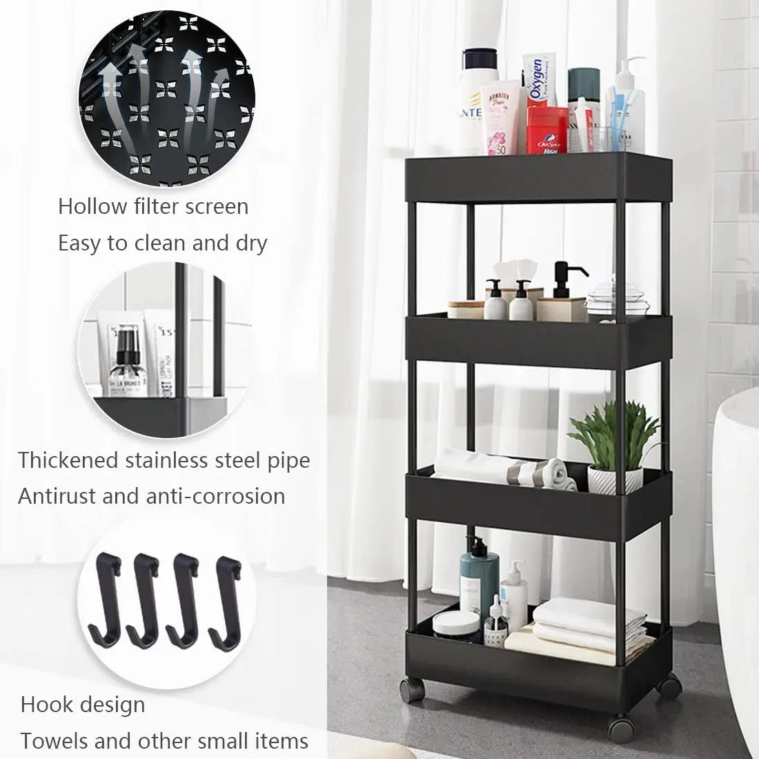 Slim Storage Cart with Wheels, 4 Tier Bathroom Storage Organizer Rolling Utility Cart Mobile Shelving Unit for Bathroom Kitchen Laundry Room Office Narrow Place (Black)