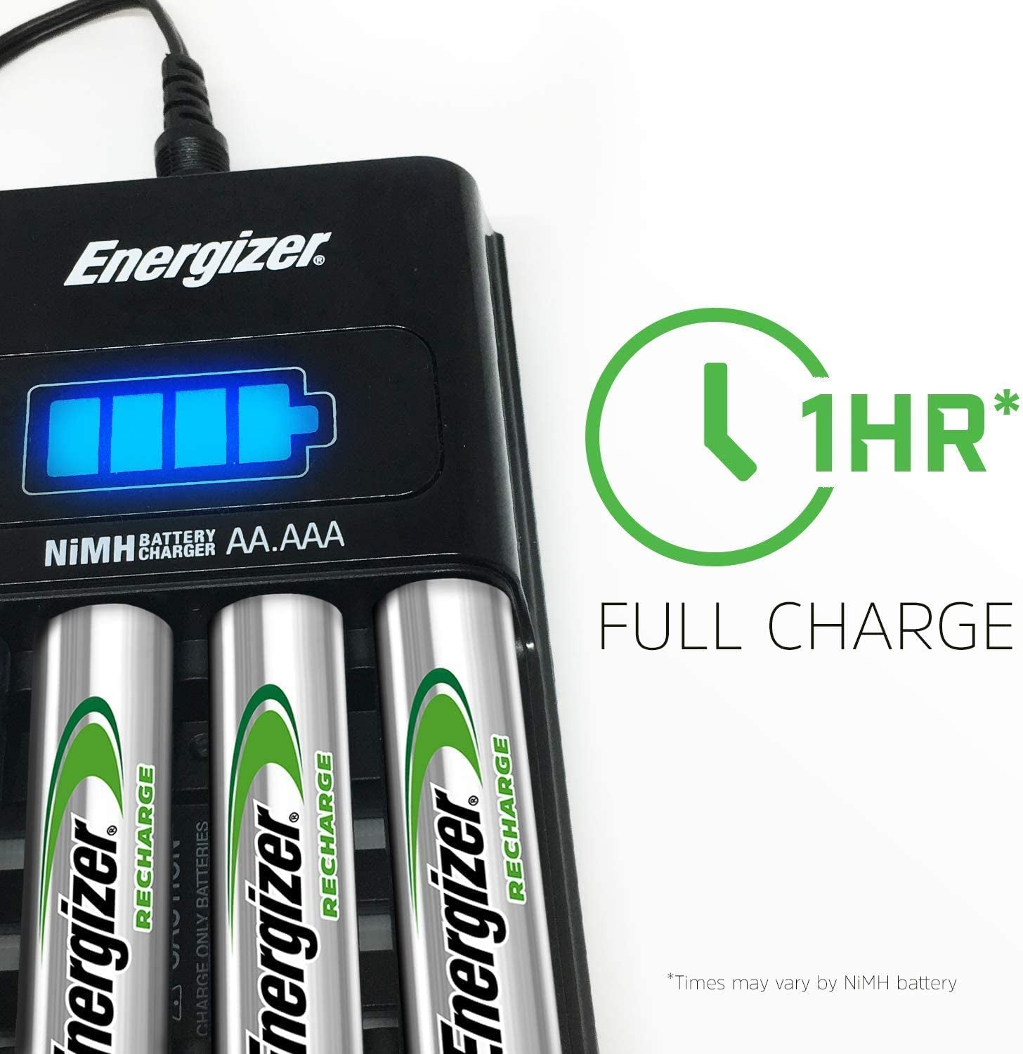 Maxi Battery Charger, Charges Nimh Rechargeable AA and AAA Batteries (4 AA Rechargeable Batteries Included)
