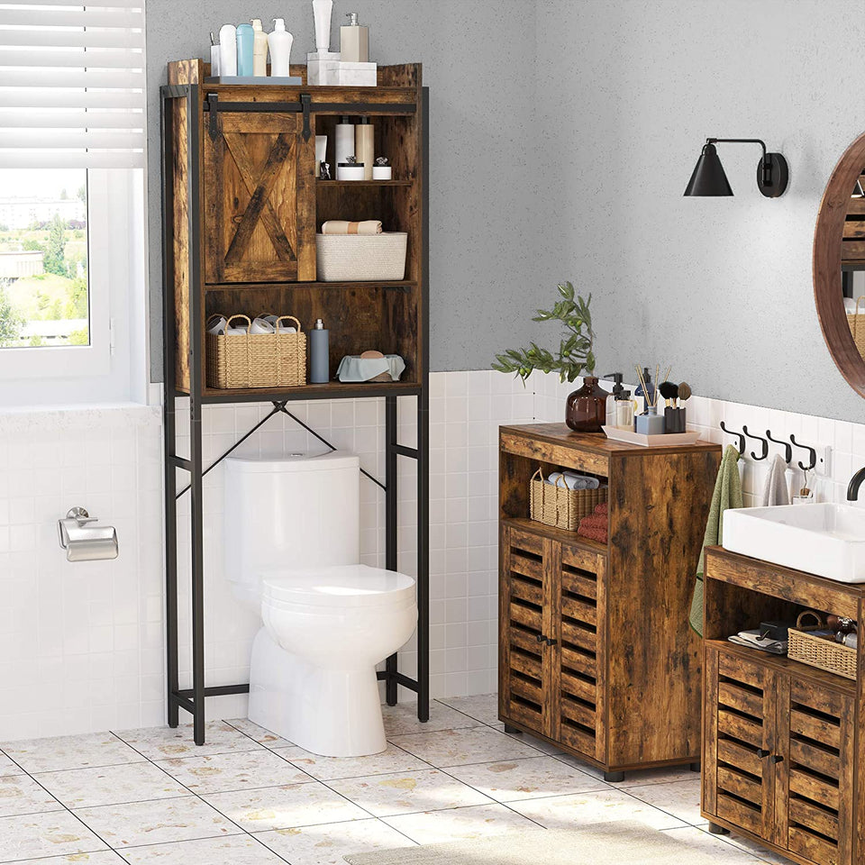 Over-The-Toilet Storage, Bathroom Oragniser Rack, for Washing Machine, with Small Cabinet, Steel Frame, Easy Assembly, Industrial, 64 X 24 X 171 Cm, Rustic Brown and Black