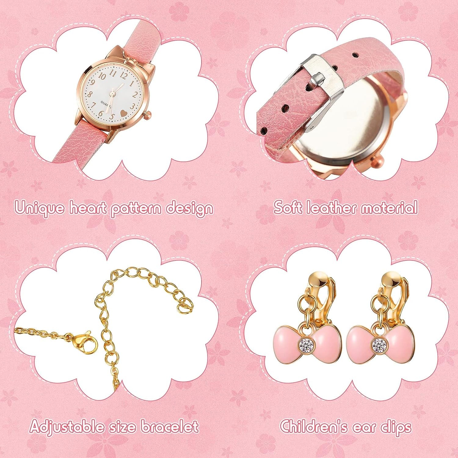 4 Pcs Children'S Watch and Silver Plated Jewellery Set Include Watch with Leather Strap, Necklace, 1 Pair Earrings and Bracelet for Kids Girls Birthday Gifts