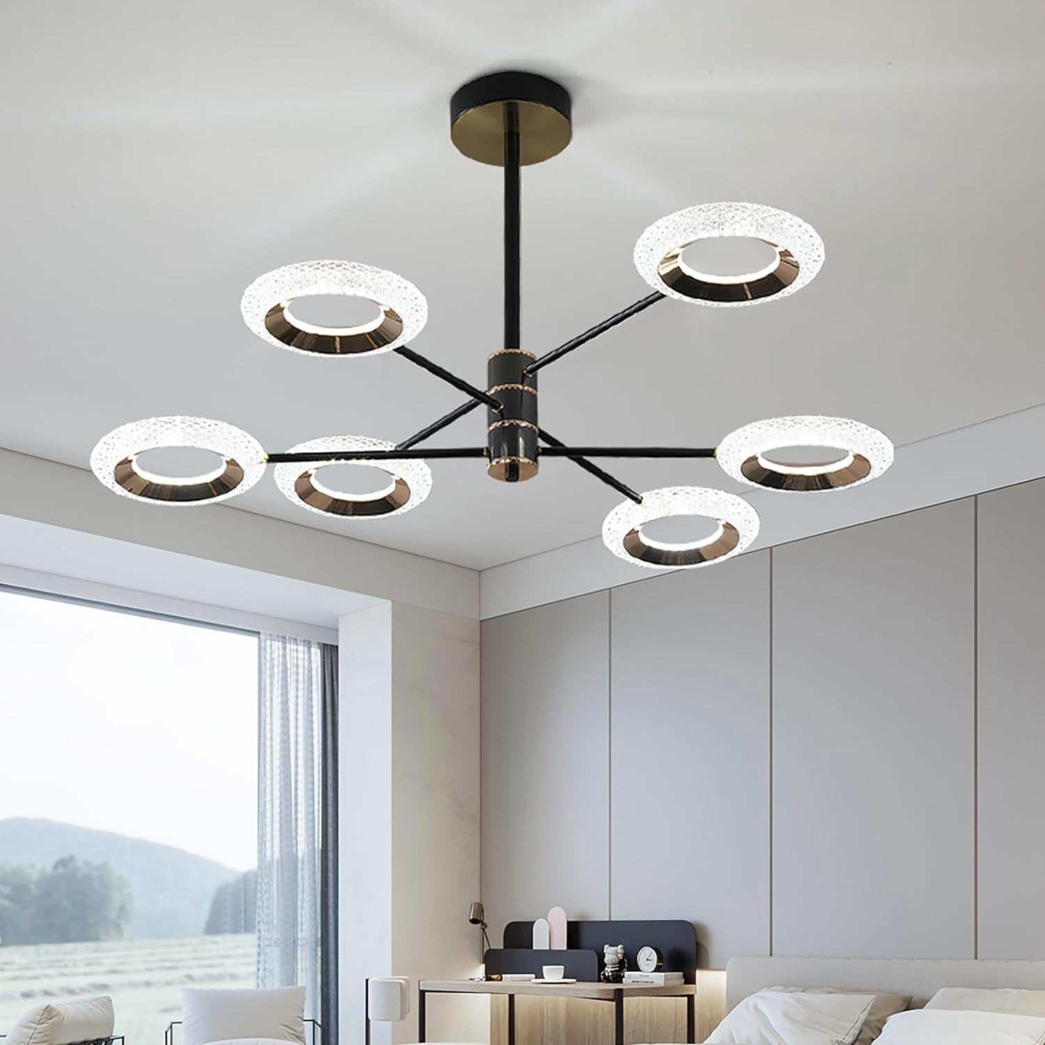 6 Lights Sputnik Chandelier Dimmable LED Chandeliers Modern Semi Flush Mount Ceiling Lights Fixture Adjustable Sputnik Pendant Light for Bedroom Living Room Kitchen Dining Room