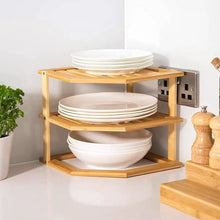 Load image into Gallery viewer, Bamboo Kitchen Corner Shelf - Countertop Organizer - Cabinet Corner Rack for Plate, 3-Tier Kitchen Shelf Storage Organizer Rack- Premium Cabinet &amp; Pantry Kitchen Organization (1)
