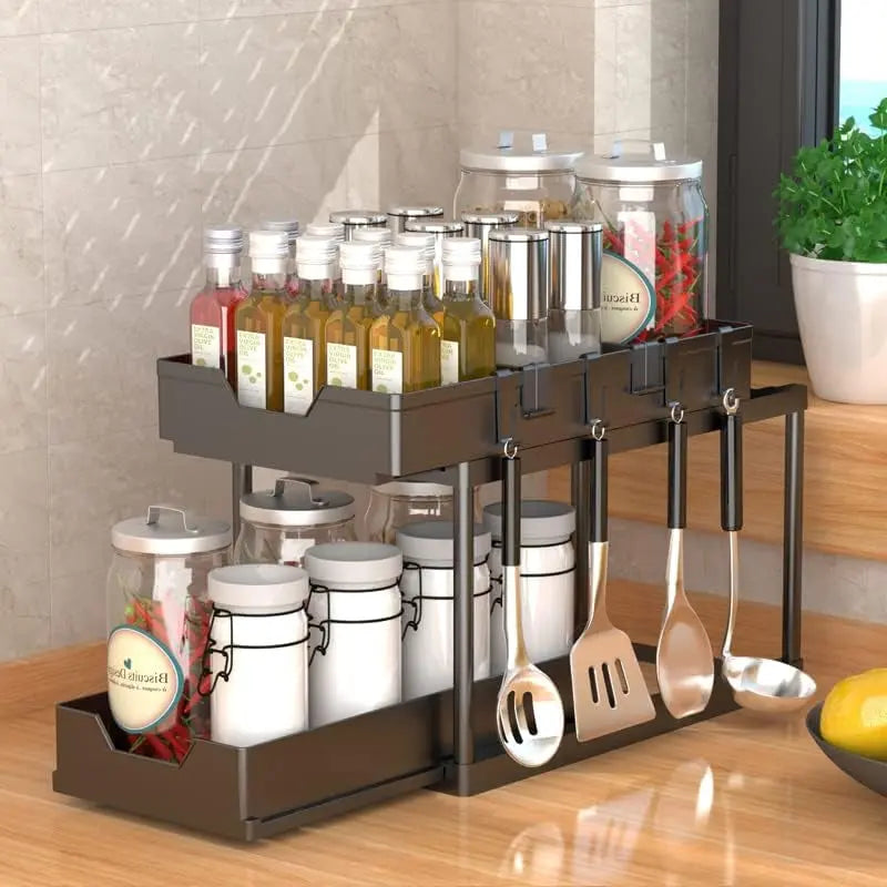 Under Sink Organizer 2 Tier Sliding Cabinet Basket Organizer Drawer under Sink Organizers Storage under Cabinet Storage for Kitchen Bathroom,Black PP-AU-02D
