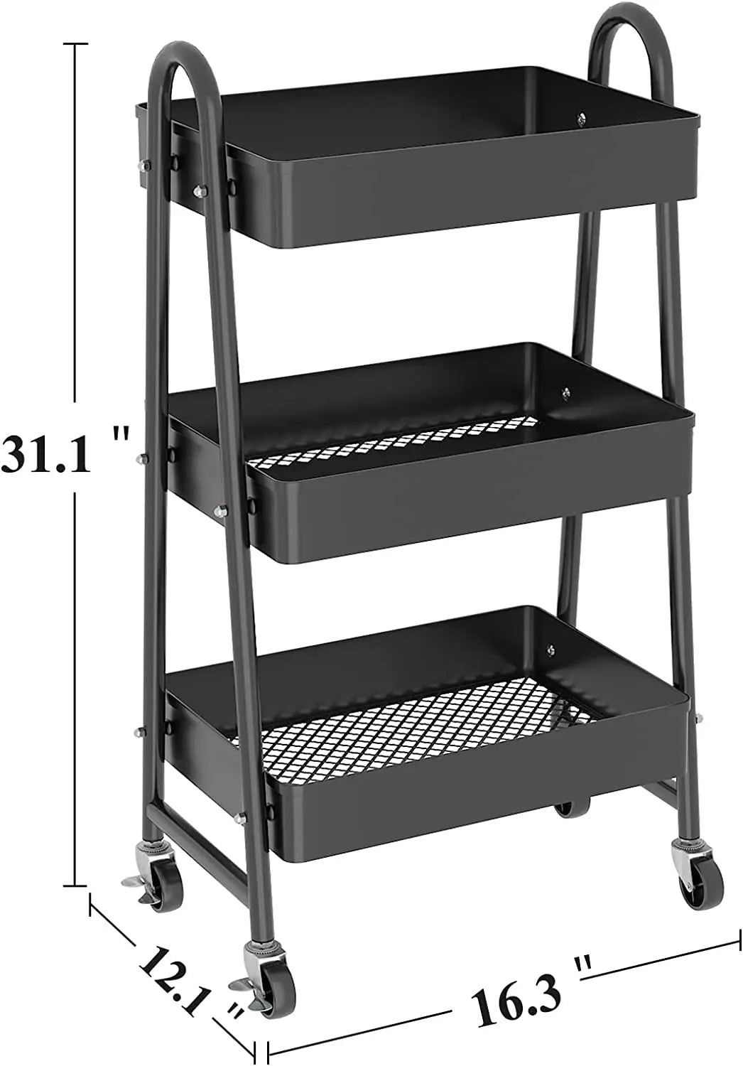 3 Tier Utility Rolling Cart, Heavy-Duty Mesh Storage Cart with Locking Wheels, Metal Mobile Trolley Cart for Home, Kitchen, Bathroom, Office, Black