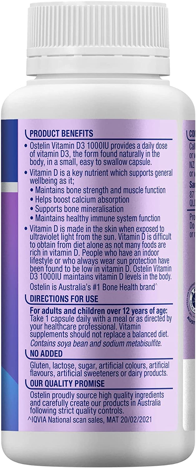 Vitamin D 1000IU - D3 for Bone Health + Immune Support, 250 Capsules