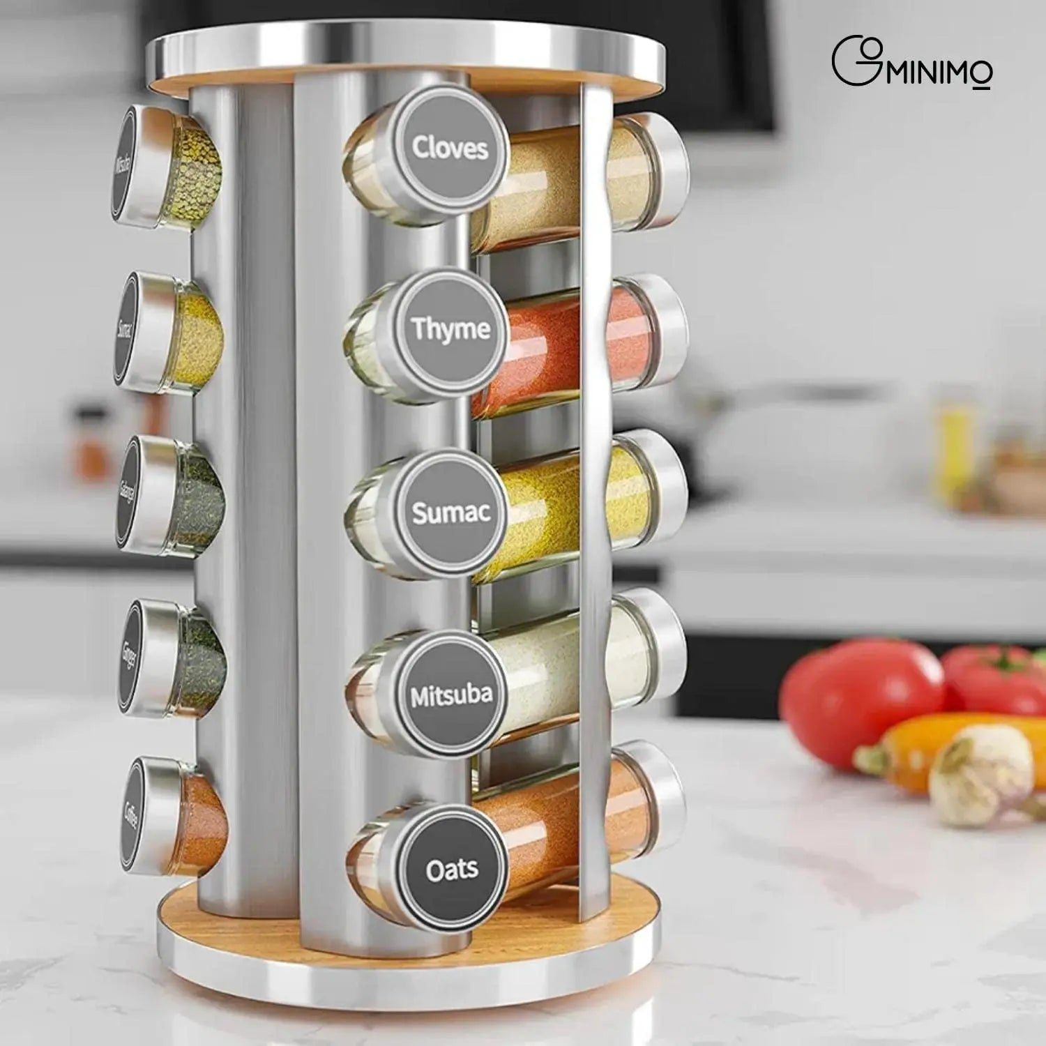 20 Jars Spice Rack Organizer with Label Sticker and Silicone Funnel, 360° Rotating Countertop Stainless Steel Seasoning Organizer in Steel Colour
