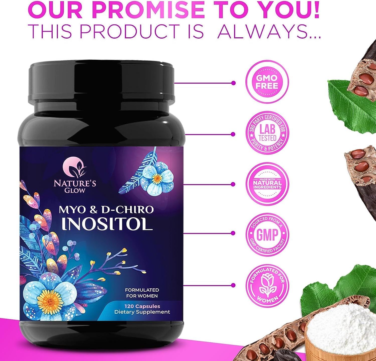 Myo-Inositol & D-Chiro Inositol Blend - Premium 40:1 Ratio - Ovarian Support for Women - Natural Supplement, Vitamin B8, Vegan, and USA Bottled - 120 Capsules