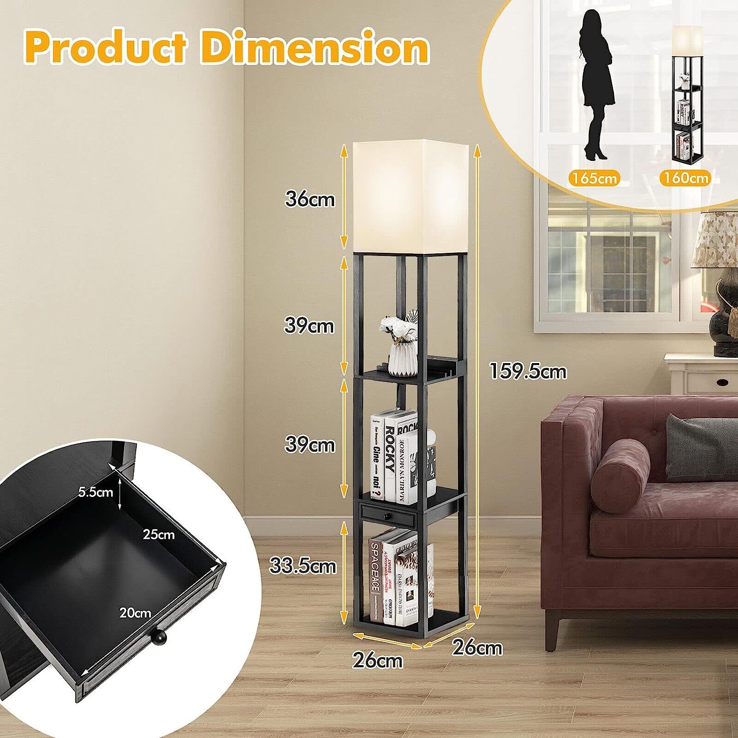 Modern Shelf Floor Lamp, Dimmable Standing Lamp Shelf W/ 1 Drawer & 1 USB Port, E27 5000K LED Bulb Included, Pull Chain Switch, 3-Level Brightness, Storage Lamp for Bedroom, Living Room