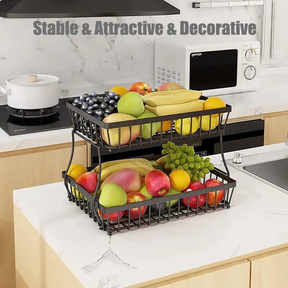 Metal Wire Two Tier Home and Kitchen Storage & Organisation Rack, Stackable Snack Table Organiser Rack, Detachable Bathroom Organiser Basket, Black
