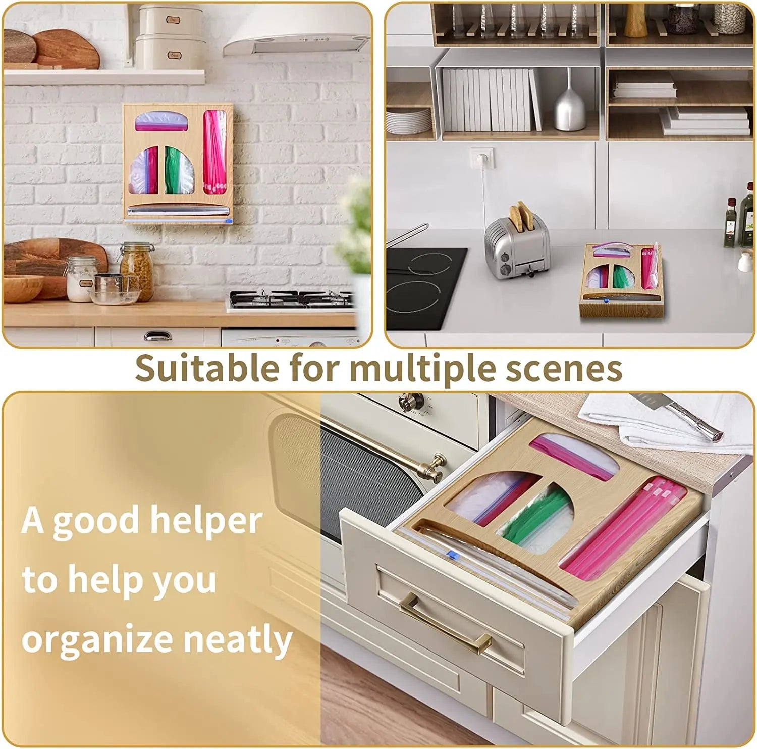 Ziplock Bag Storage Organizer, Foil and Plastic Wrap Dispenser with Cutter, Plastic Bag Organizer, Ziplock Bag Organizer for Gallon, Quart, Sandwich & Snack Etc.