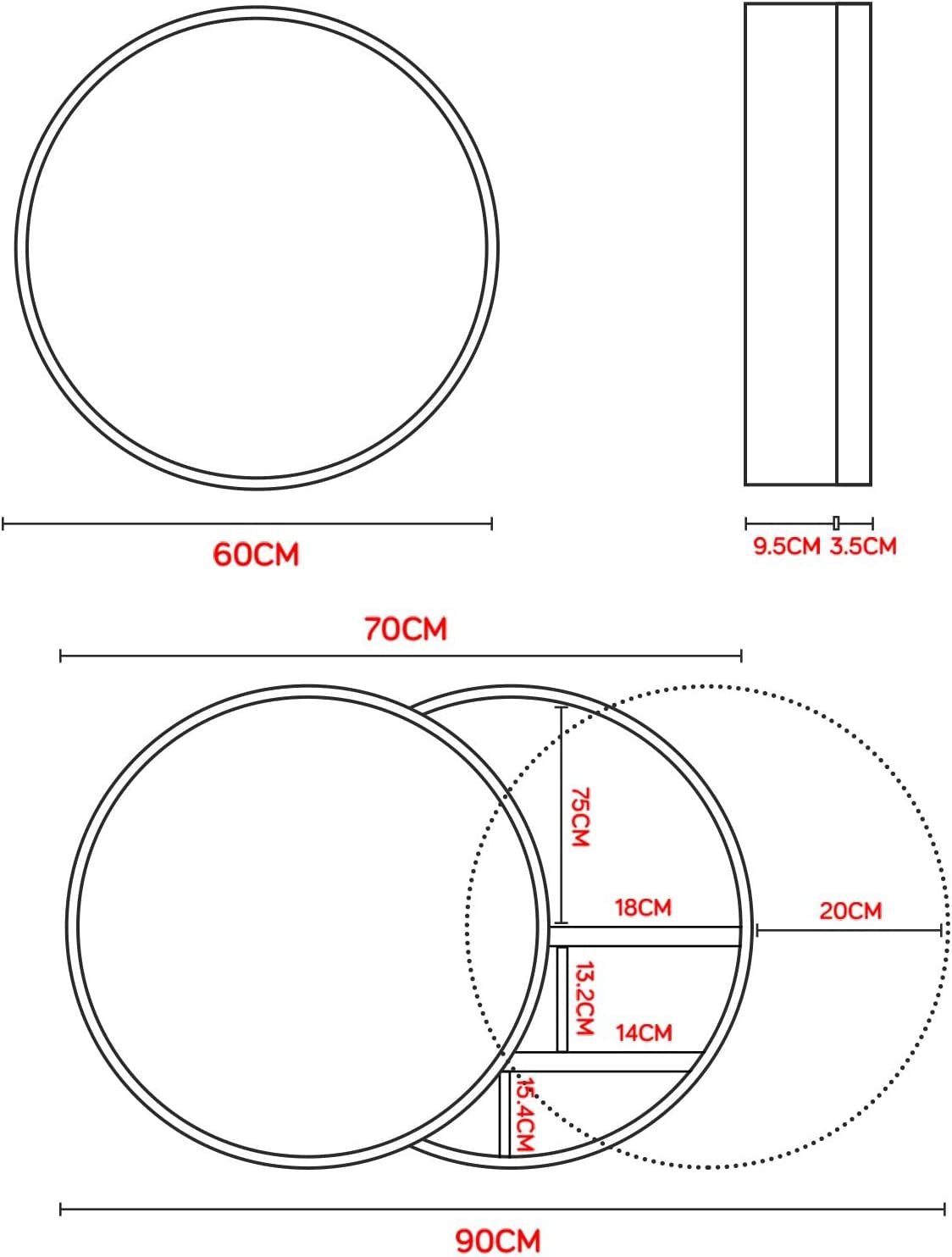 round Mirrored Cabinet Bathroom Medicine Vanity round Wall Mirror Cupboard with Storage Sliding Door Gold 60Cm Diameter