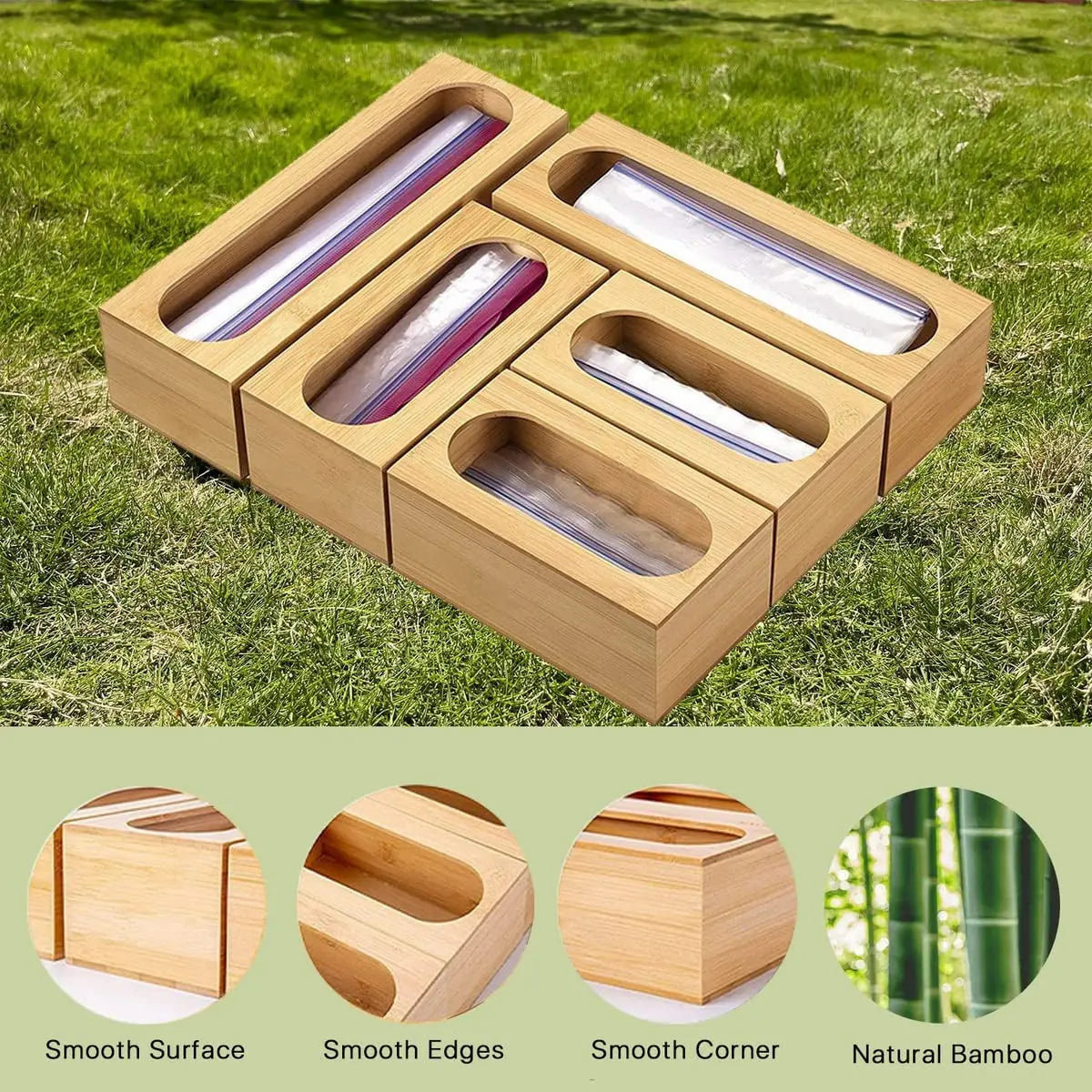 5 Pack Bamboo Storage Bag Organizer Food Storage Bag Organizer Holders Kitchen Drawer Dispenser Compatible with Gallon, Quart, Sandwich, Snack, Candy Variety Size Bags