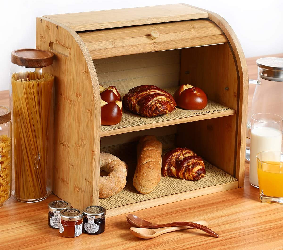 Bread Box, 2 Layer Bamboo Bread Boxes for Kitchen Food Storage, Large Capacity Bread Keeper Roll Top with Removable Layer, 15" X 9.8" X 14.2", 15 Mm Thickness (Self-Assembly)