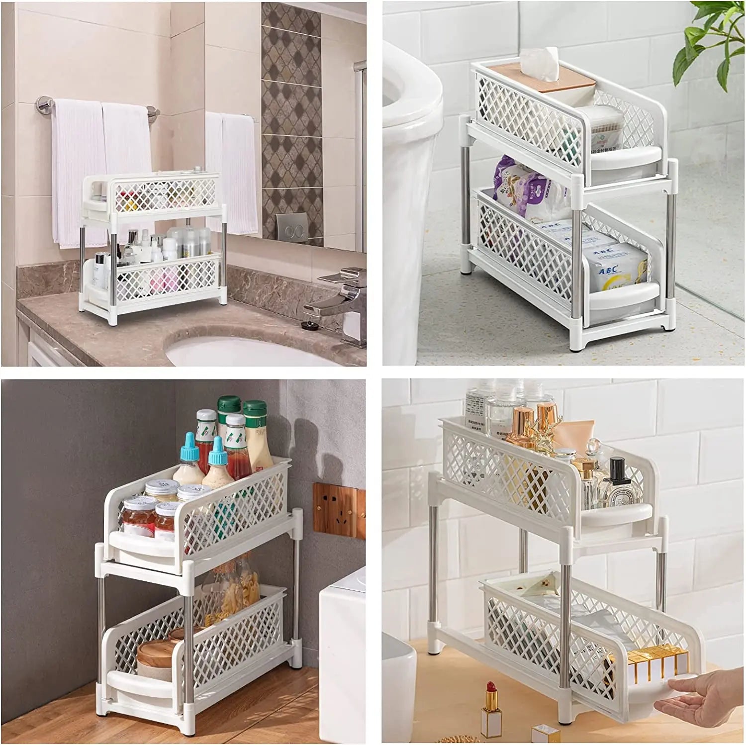 2 Tier Spice Rack Organizer with Sliding Drawer Organizer, under Sink Organizers and Storage Rack Pull Out Cabinet Basket Organizer for Bathroom Kitchen Bedroom, Beige