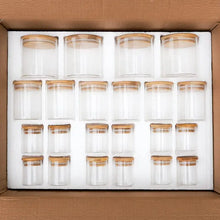 Load image into Gallery viewer, 【AU Stock】 Empty 22 Piece Bamboo Spice Jar Starter Pack with Wooden Lids Glass Food Storage Jars with Bamboo Lids | 3 Sizes Included 12 X 75Ml, 6 X 250Ml, 4 X 500Ml

