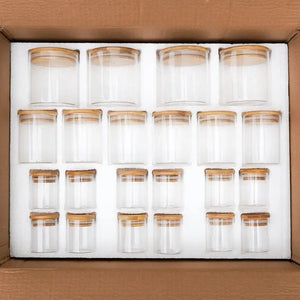 【AU Stock】 Empty 22 Piece Bamboo Spice Jar Starter Pack with Wooden Lids Glass Food Storage Jars with Bamboo Lids | 3 Sizes Included 12 X 75Ml, 6 X 250Ml, 4 X 500Ml