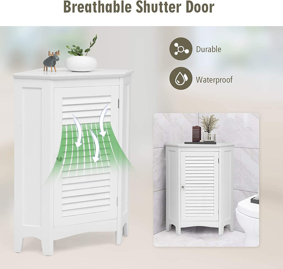 Corner Shutter Door Cabinet, Modern Bathroom Storage Oragnizer with Single Doors & 2 Shelves, Free-Standing Corner Storage Cabinet for Bathroom, Kitchen, Living Room, Bedroom, White