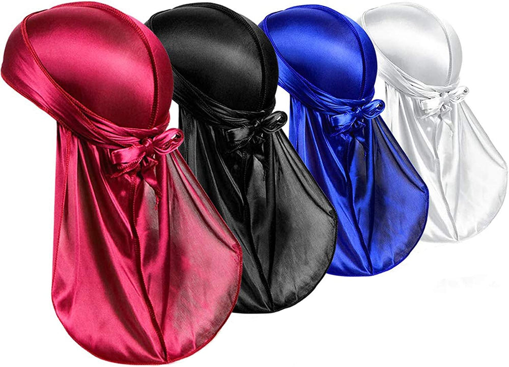 Silk Durag Caps, 4 Pack Unisex Satin Durags Long Tail Wide Straps Headwraps for Men & Women Pirate Caps Head Wrap Beanie Hats Waves Silky Durag Cap