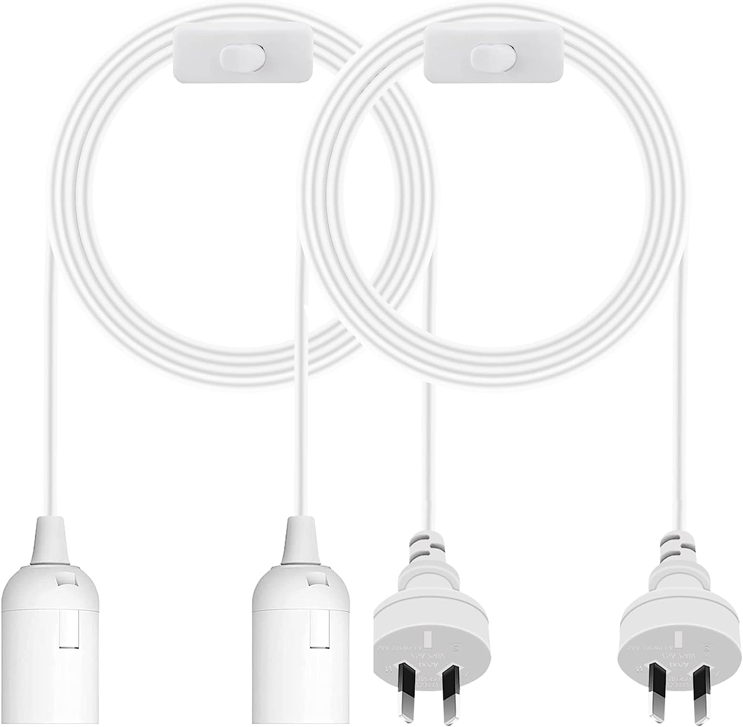 2Pcs E27 Cable Cord with On/Off Switch, E27 Lamp Base Holder Socket AC AU Power Plug, 1.8M White Extension Lights Lamp Bulb Cord for Bedroom Kitchen Plant Growth DIY Hanging Lanterns Pendant Light