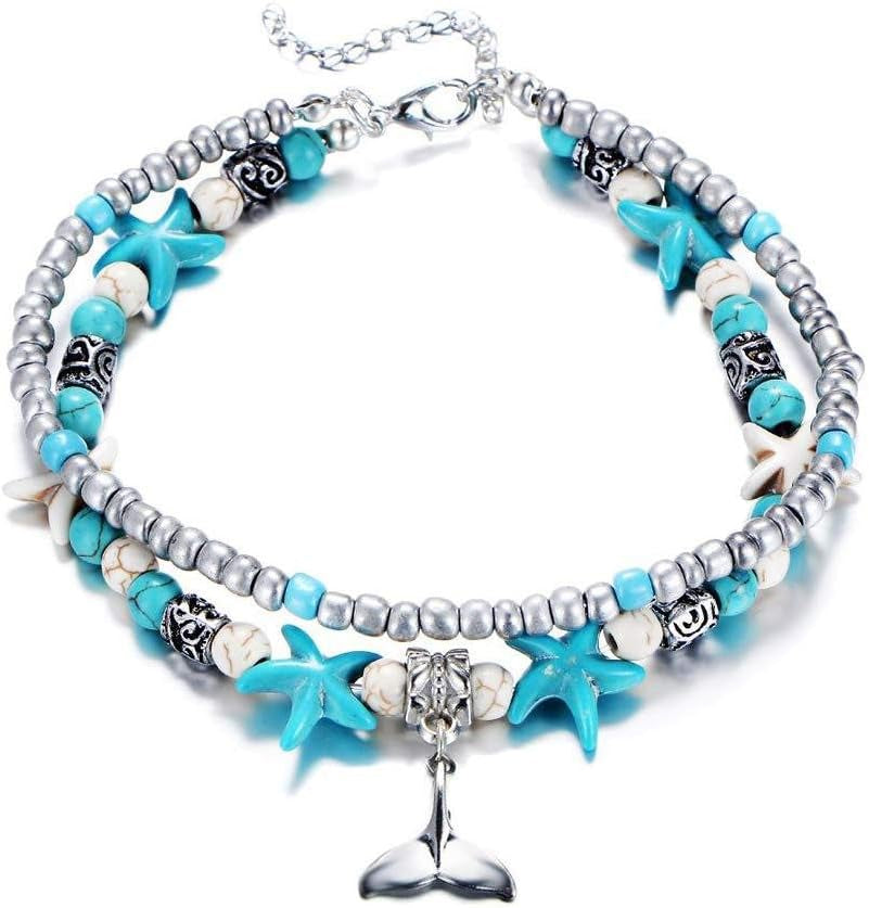 Blue Starfish Turtle Anklet Multilayer Charm Beads Sea Handmade Boho Anklet Foot Jewelry for Women Girl