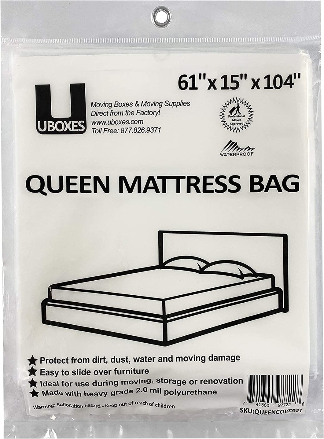 Queen Mattress Clear Plastic Poly Covers, 61 X 15 X 104 Inch, Heavy Duty 2 Mil, 1 Pack
