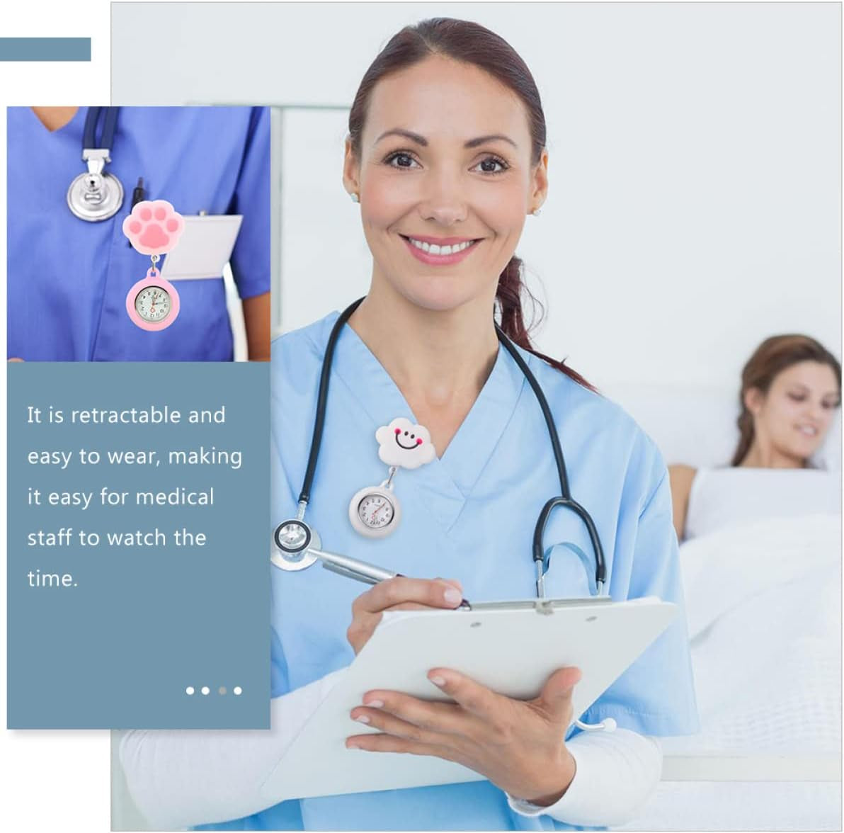 2Pcs Portable & White Nurses Silicone Girls Clip- Watches and for Badge Gift Lapel Cat Girl Clip-On Retractable Adorable Pattern Shaped Potable Hanging Cloud Nurse Fashionable