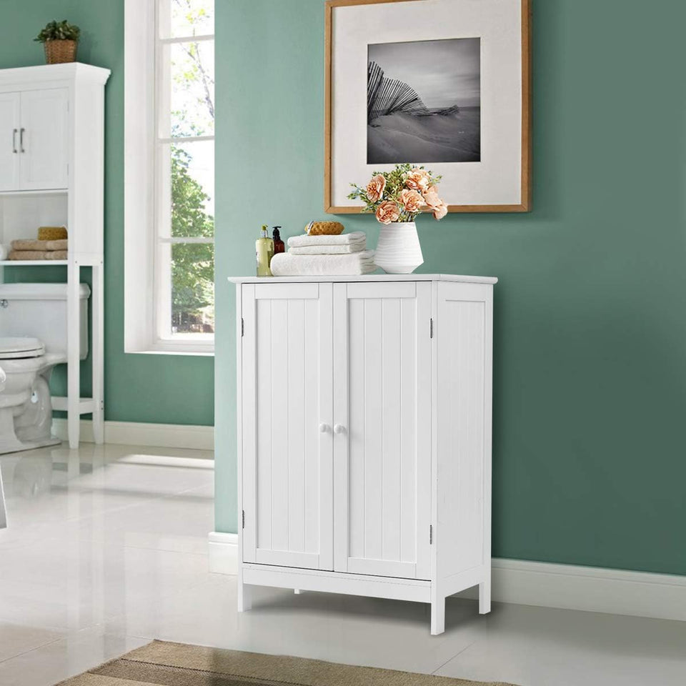 Bathroom Floor Cabinet W/Double Doors, Floor Storage Cabinet W/Shelf, Free Standing Toilet Storage Unit, Laundry Cupboard, Entryway Utility Organizer Cabinet for Bathroom, Kitchen (White)