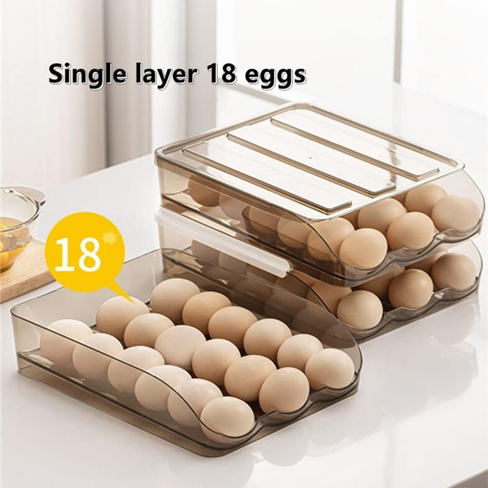 Automatic Rolling Egg Tray Storage Box Kitchen Stackable Holder Storage Container with Lid for Refrigerator Large Capacity Household Egg Fresh Tray Fridge Dispenser Organizer Bin Transparent (3-Tier)