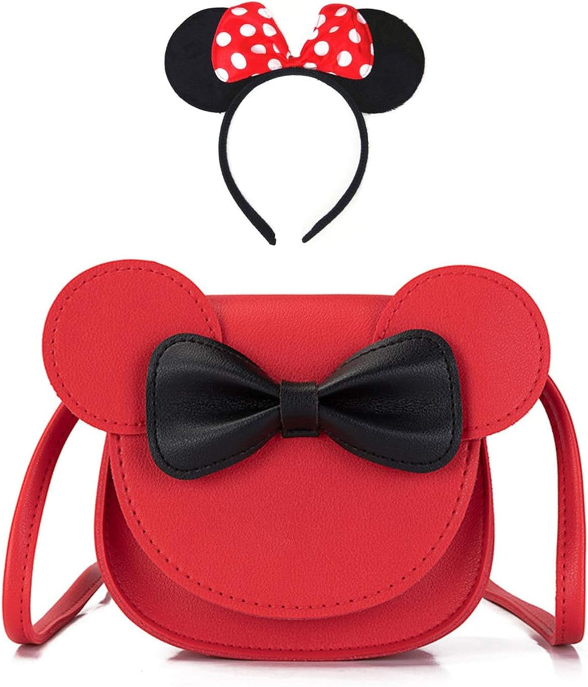 Little Girls Cute Crossbody Purse Bowknot Shoulder Bag Coin Purse with Cute Mouse Ear Headband (Red)