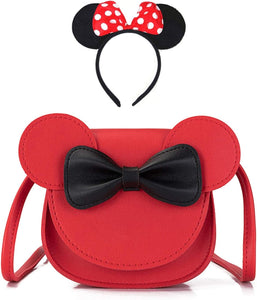 Little Girls Cute Crossbody Purse Bowknot Shoulder Bag Coin Purse with Cute Mouse Ear Headband (Red)