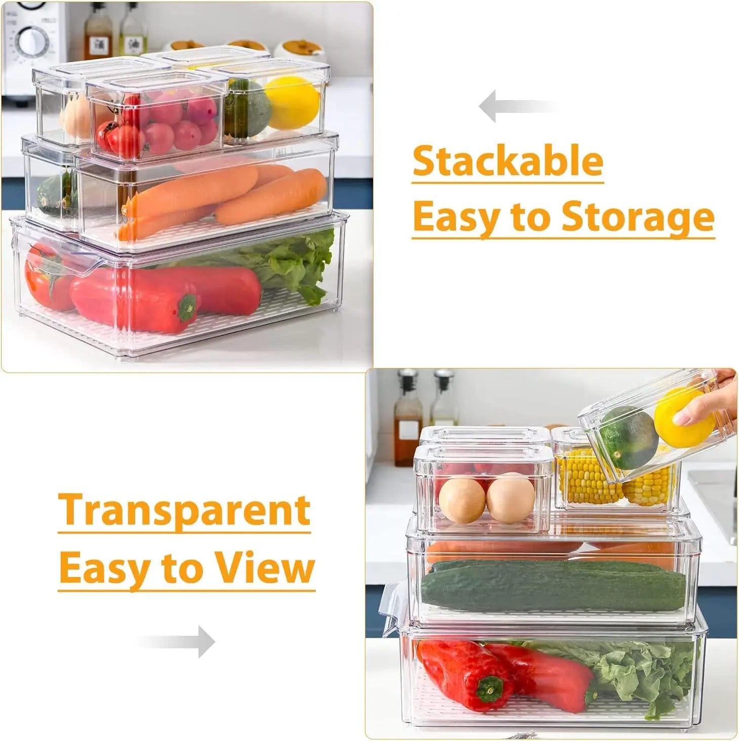 Fridge Food Storage Containers with Lid - 7Pc Stackable Produce Saver with Removable Drain Tray for Vegetable Fruit, Plastic Clear Refrigerator Organizer Bins for Kitchen Cabinet Pantry Organization