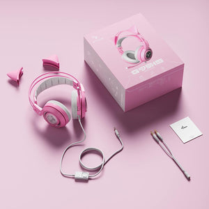 G951S Pink Stereo Gaming Headset with Mic for PS4, Xbox One, PC, Mobile Phone, 3.5MM Sound Detachable Cat Ear Headphones Lightweight Self-Adjusting over Ear Headphones for Women