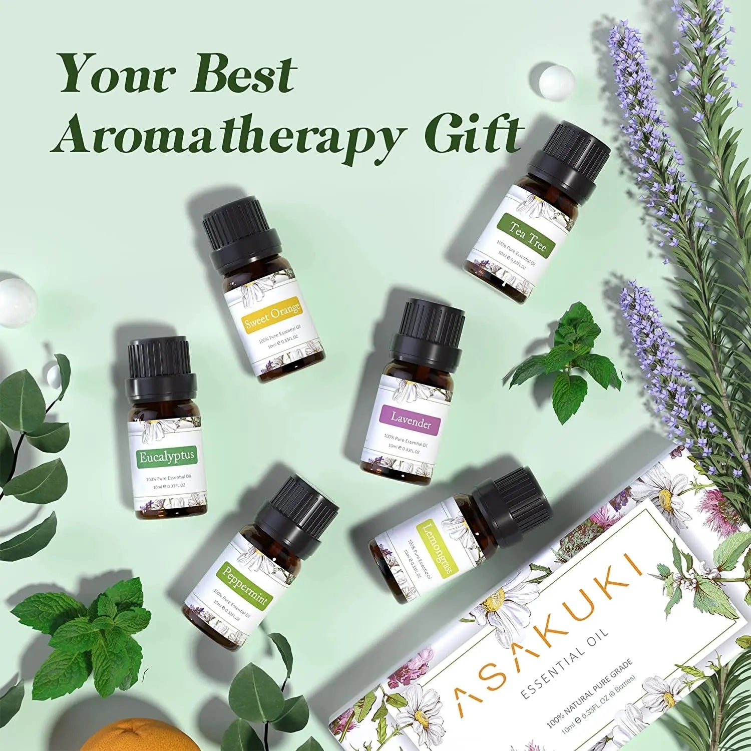 Essential Oils Set 6 X 10Ml, 100% Pure & Natural Aromatherapy Oils - Lavender, Eucalyptus, Lemongrass, Tea Tree, Sweet Orange, Peppermint Diffuser Oil for Massage Hair Care Wellness Gift Set