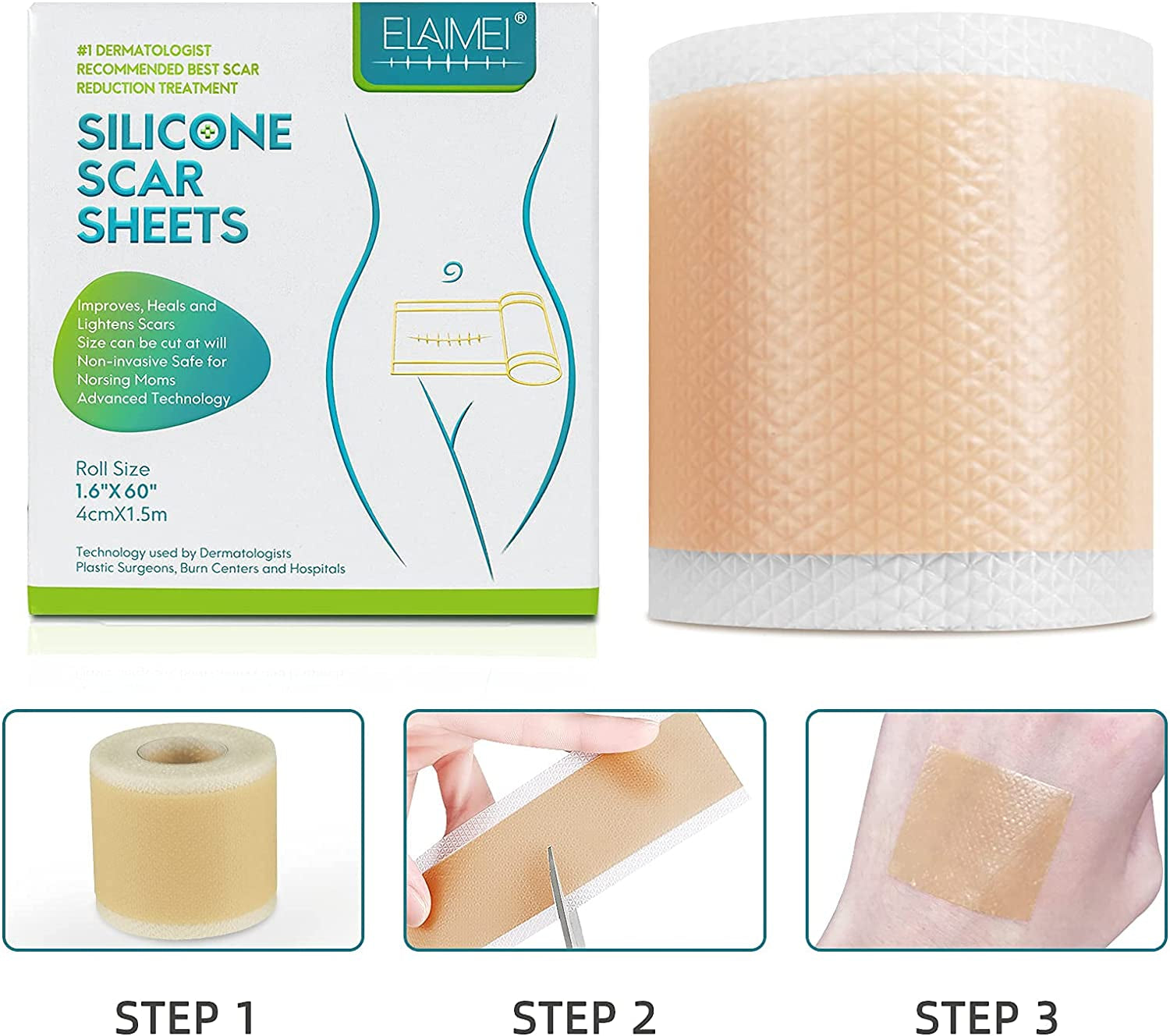 Silicone Scar Sheets,Scar Removal,Silicone Scar Tape Roll for C-Section,Professional Painless Silicone Keloid Scars from Surgery, Burn, Acne Et (1.6” X 60”Roll-1.5M)