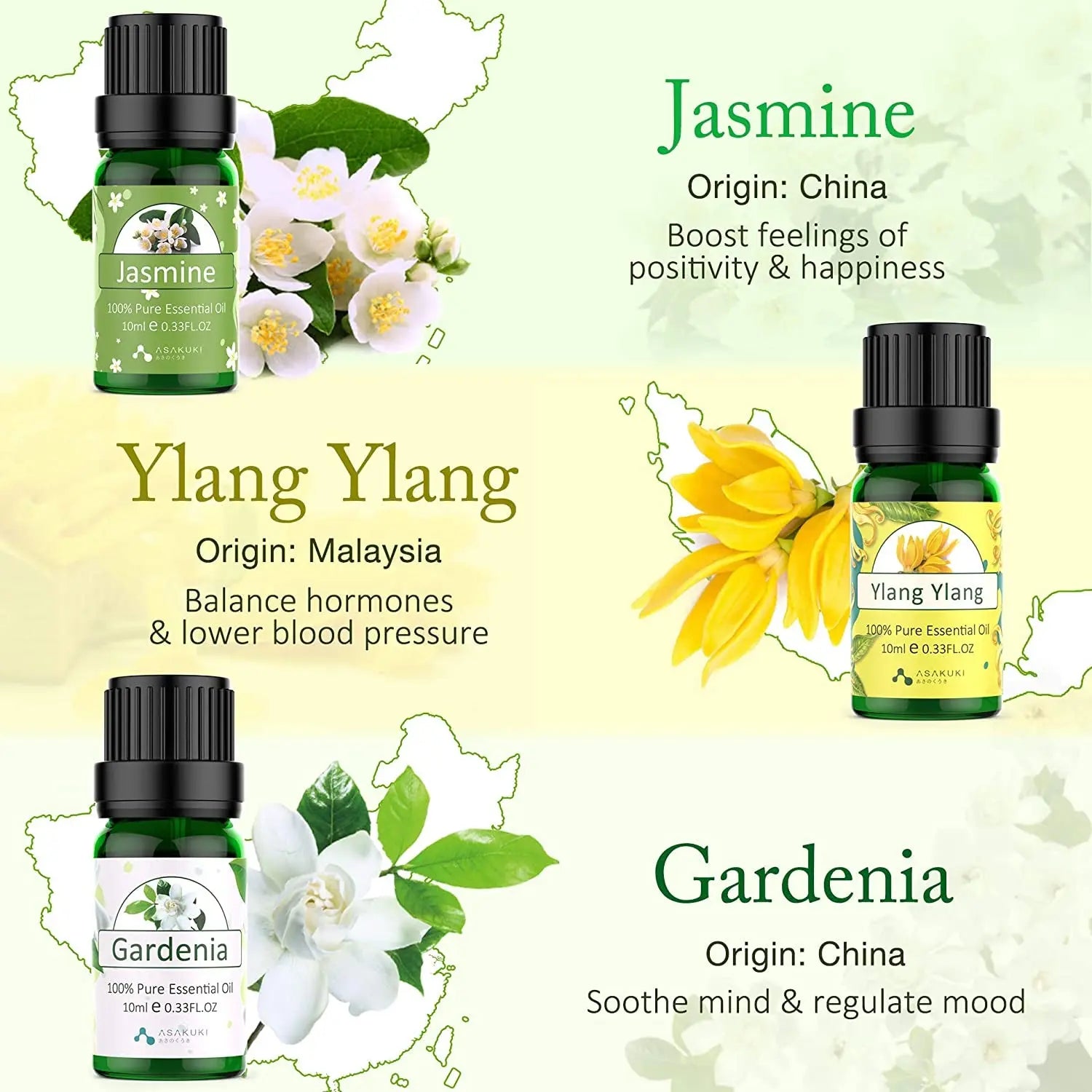 Floral Essential Oil Set, Top 6 Natural 100% Pure Aromatherapy Oils for Oil Diffusers, Jasmine, Ylang Ylang, Gardenia, Rose, Cherry Blossom, Lavender for Home and Office, Promote Focus, Positivity and Happiness