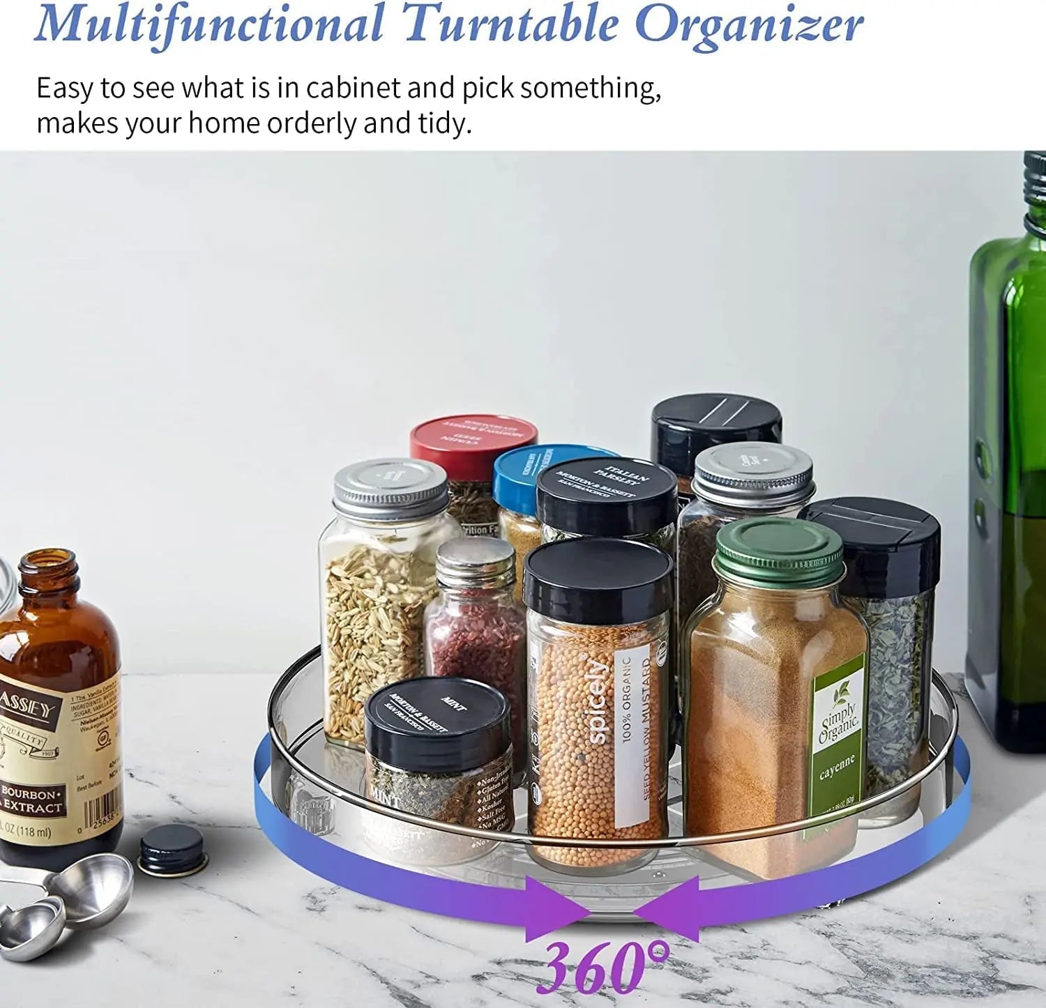 2 Pack Lazy Susan Turntable Cupboard Organizer (27+23,5Cm), Rotatable Spice Rack Fridge, Clear Cupboard Condiment Spinning Tray, Multi-Functional Spice Rack for Kitchen Storage