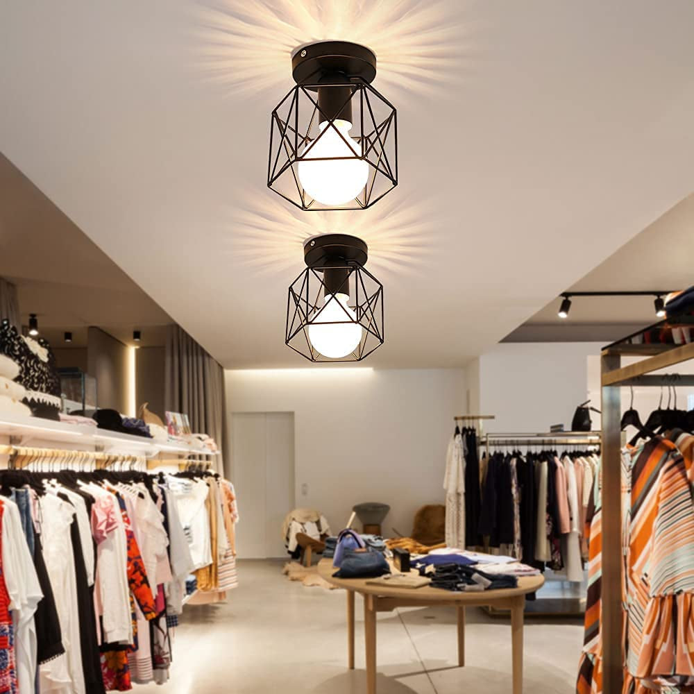 Vintage Hallway Ceiling Light E27 Edison Industrial Ceiling Light Max 40W Black Metal Semi Flush Mount Ceiling Light for Hallway Kitchen Hotel Restaurant Bar (Bulb No Included)