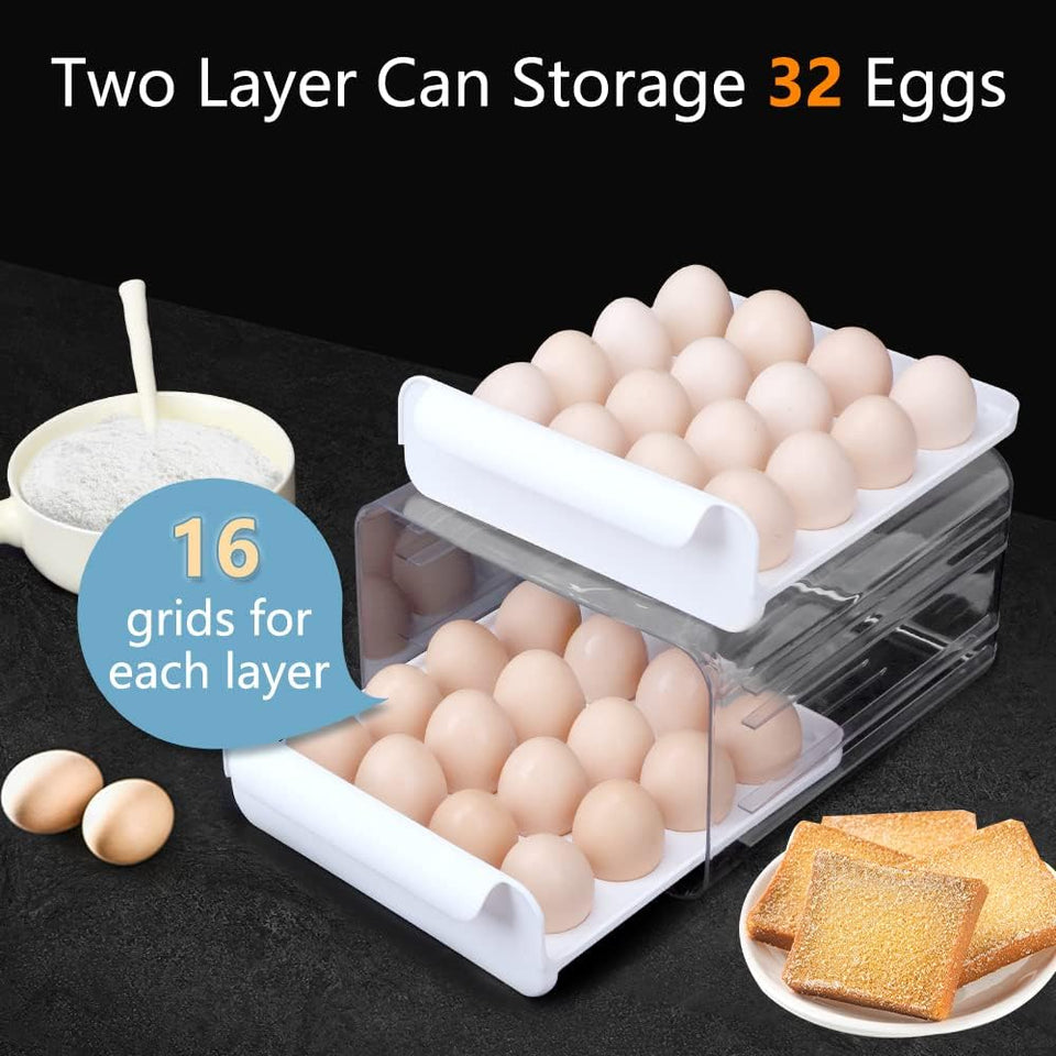 Egg Holder for Refrigerator, Double-Layer 32 Grid Egg Holder, Fridge Egg Drawer Organiser, Refrigerator Storage Egg Tray, Stackable Egg Container Drawer, Clear Plastic Egg Organizer