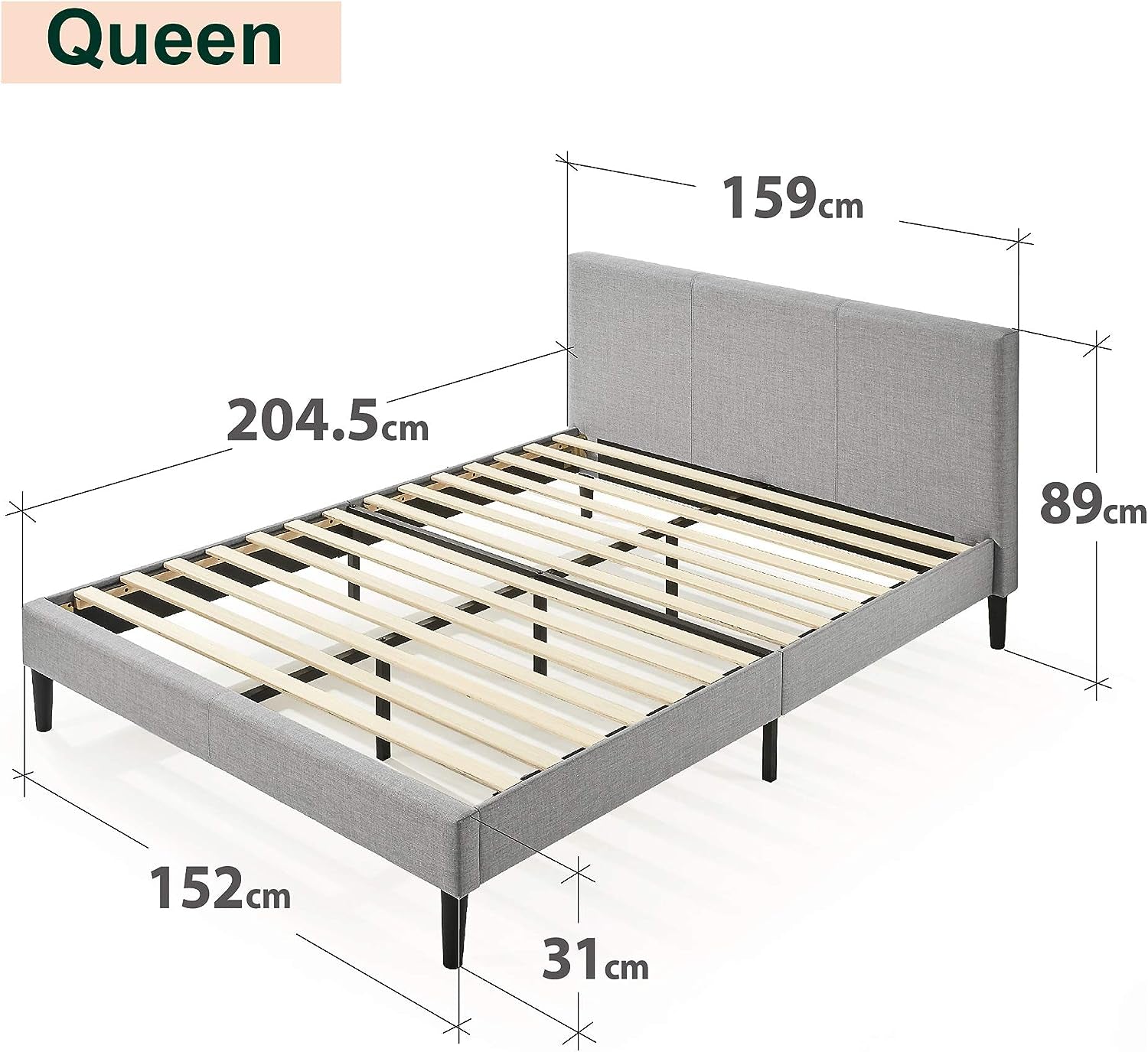 Queen Bed Frame Fabric Upholstered Platform Bed Base, Light Grey