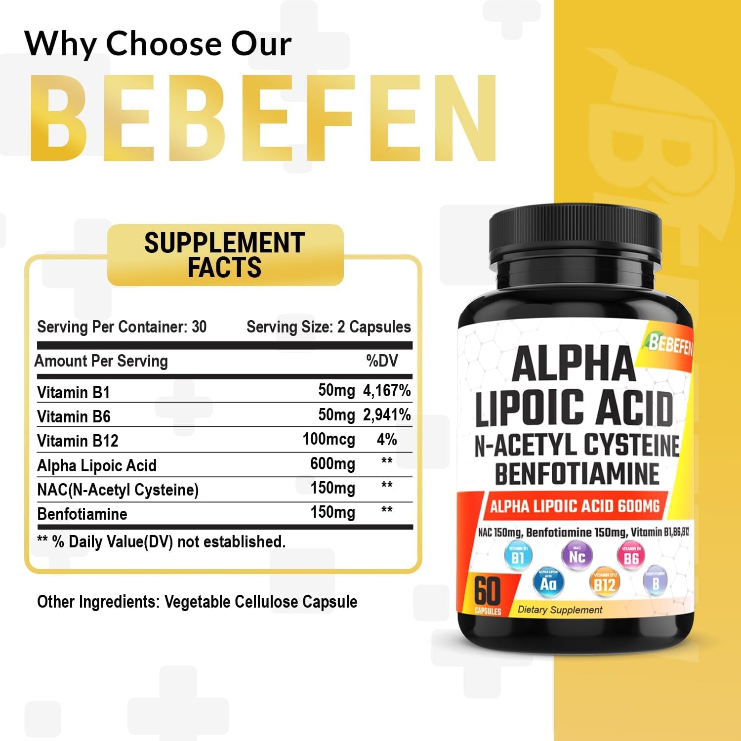 Alpha Lipoic Acid 𝟔𝟎𝟎𝐦𝐠 N-Acetyl Cysteine 150Mg Benfotiamine 150Mg Supplement with Vitamin B1 B6 - Support Focus, Brain Health & Overall- Alpha Lipoic Acid Capsules NAC Pills Benfotiamine Caps