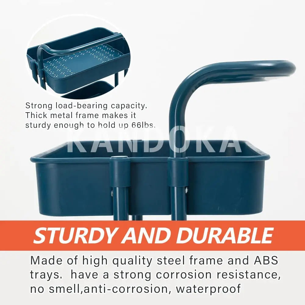 4 Tier Rolling Cart Organizer Kitchen Utility Cart with Wheels Kitchen Storage Cart on Wheels Spice Rack Organizer with Handle & Hooks & Cups Trolley Pantry Organizer Shelf Bathroom Accessories(Blue)