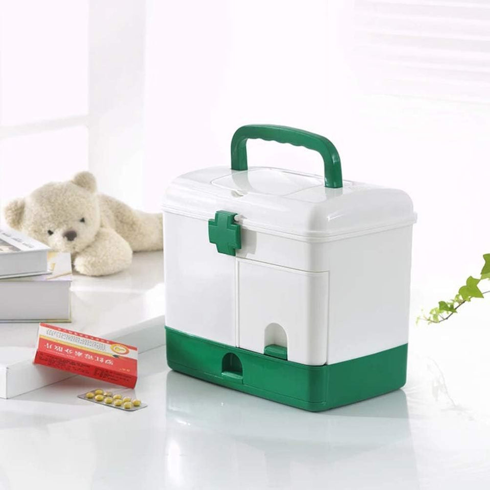Box Aid Box Family Medication Storage Box Medicine Cabinet Childproof Bottle Organizer Storage Box Container for Travel Home Green Portable Storage First