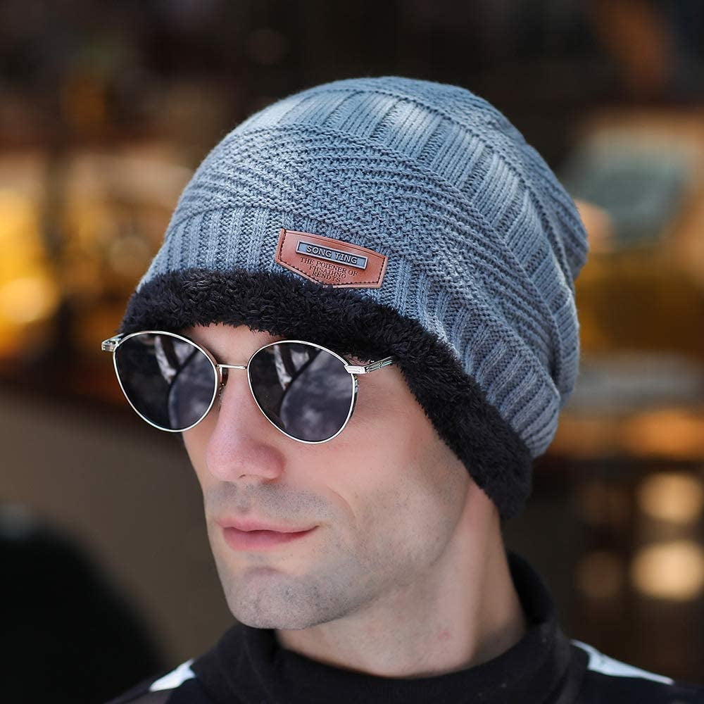 Knitted Beanie Hat, 2 Pieces Winter Beanie Hats Scarf Set Warm Knit Hat Thick Fleece Lined Winter Cap Scarves for Men Women