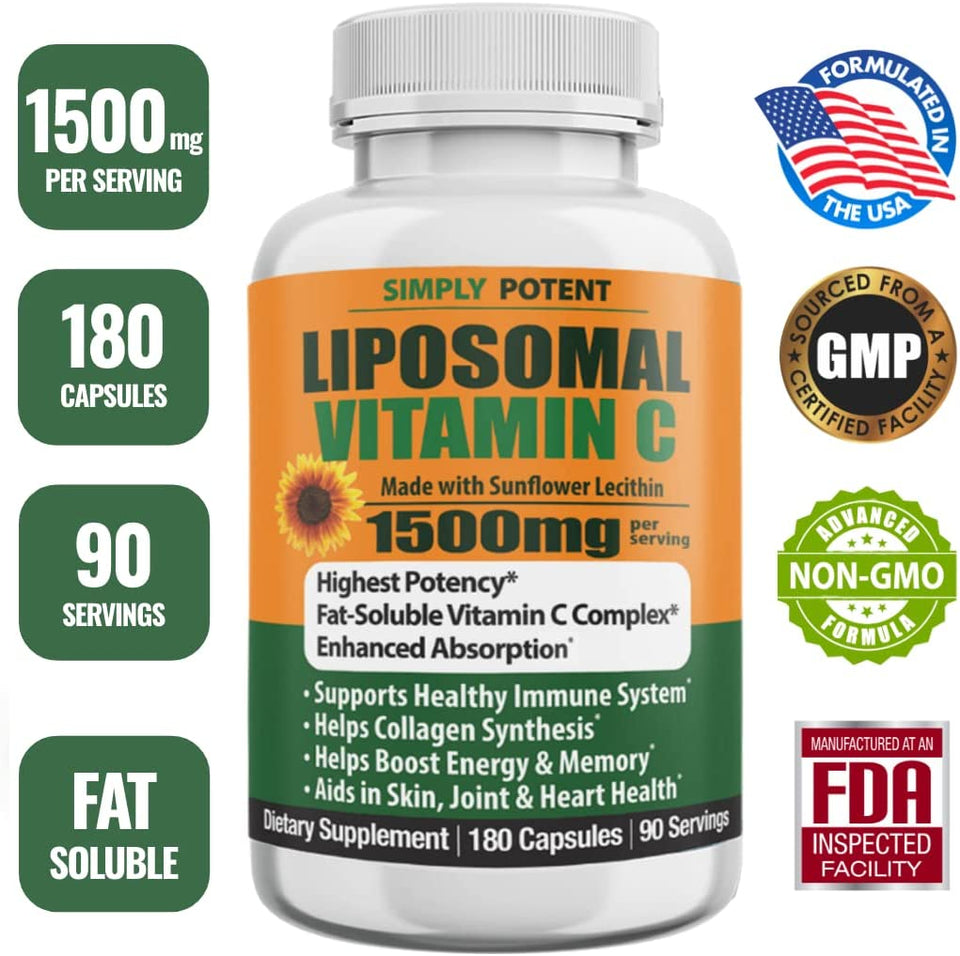 Liposomal Vitamin C 1500Mg, 180 Vit C Capsules, Stronger Supplement than Liposomal Vitamin C 1000Mg or Vitamin C 500Mg, High Dose Ascorbic Acid Vitamin C Antioxidant for Collagen Immune Support Heart