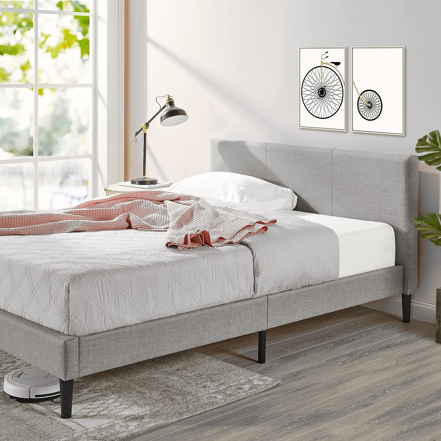 Queen Bed Frame Fabric Upholstered Platform Bed Base, Light Grey
